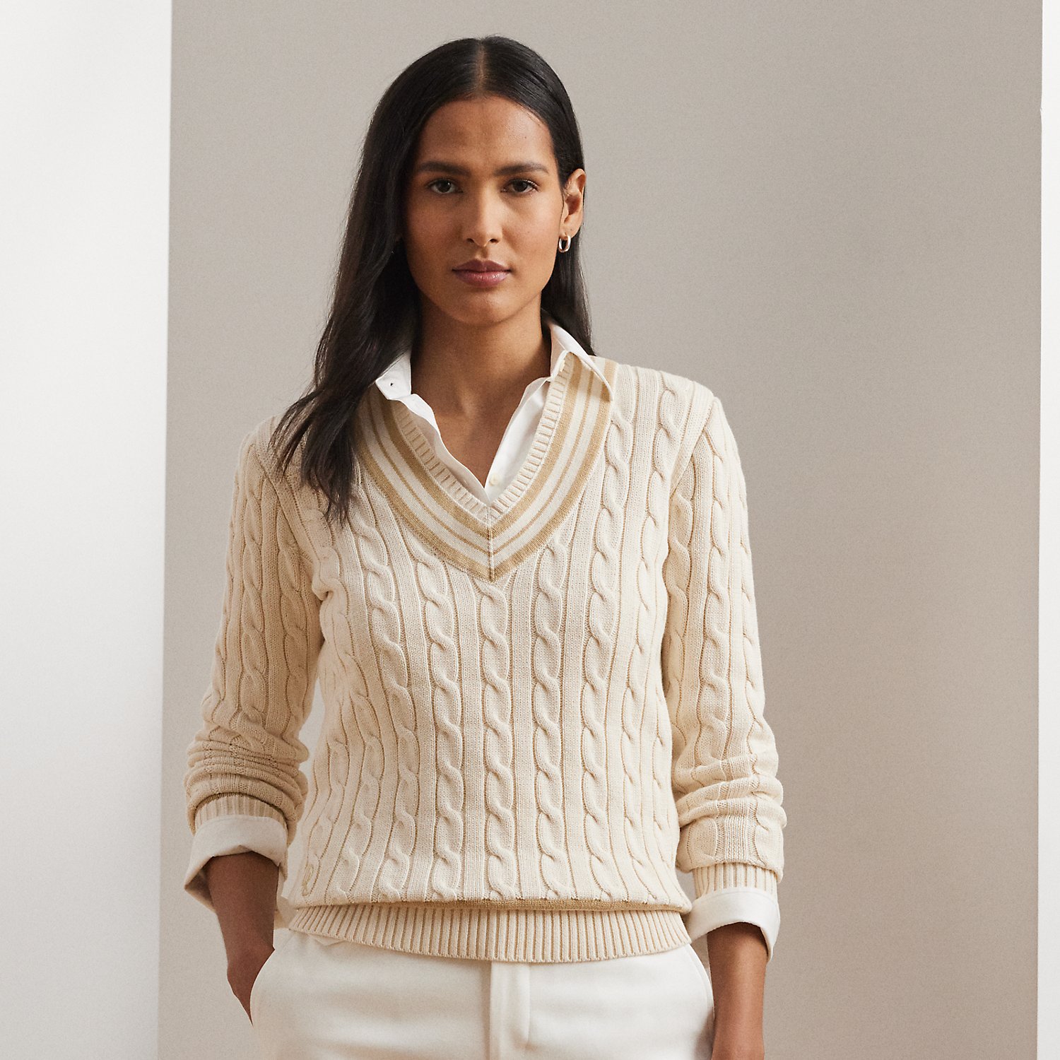 Baumwoll-Cricketpullover mit Zopfmuster von Lauren