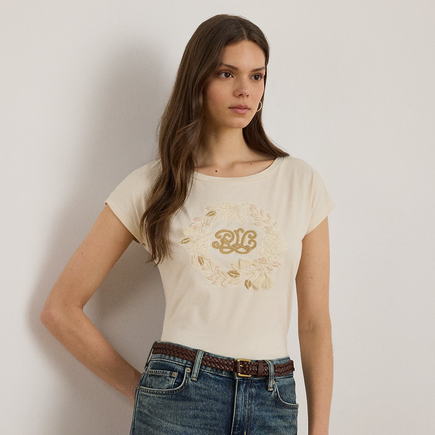 Baumwolljersey-T-Shirt mit Logostickerei von Lauren