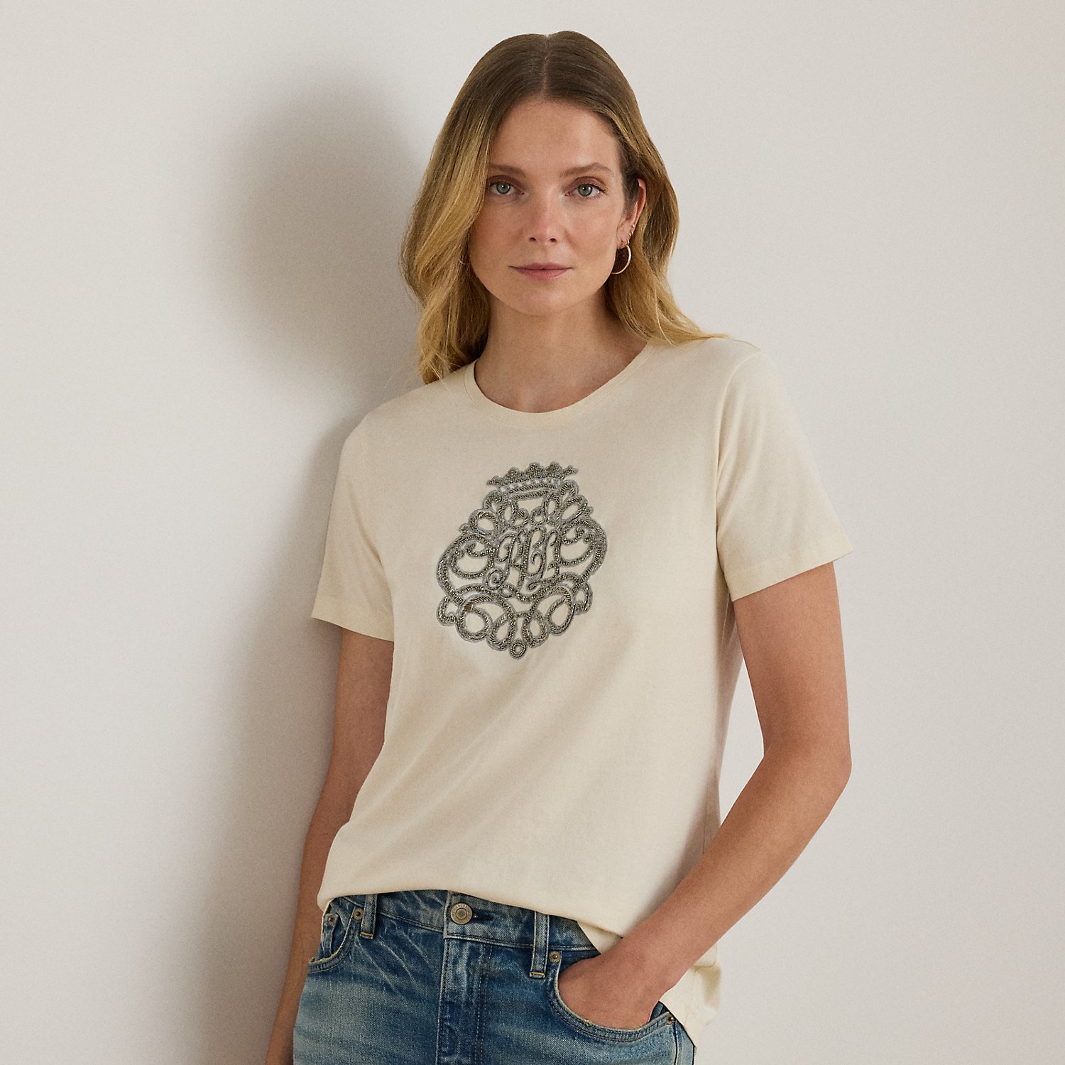 Baumwolljersey-T-Shirt mit Perlenwappen von Lauren