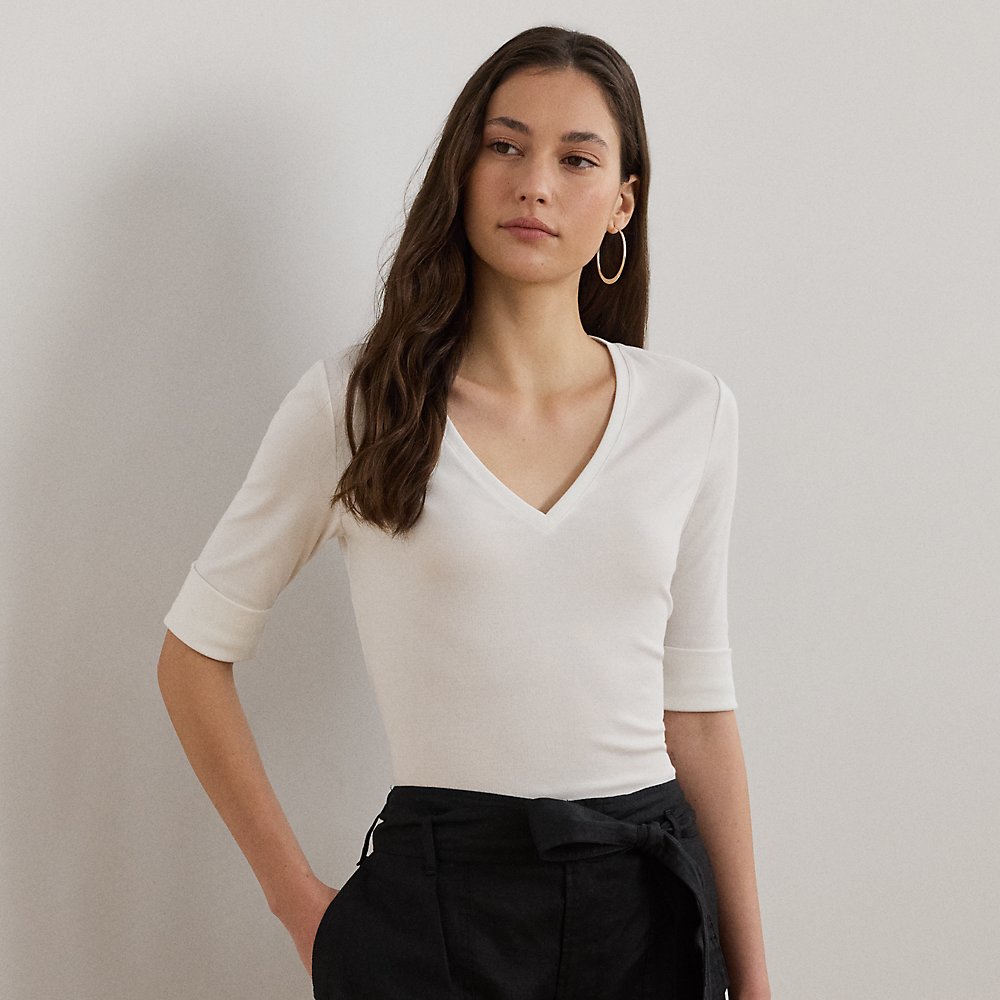 Baumwollstretch-T-Shirt mit V-Ausschnitt von Lauren