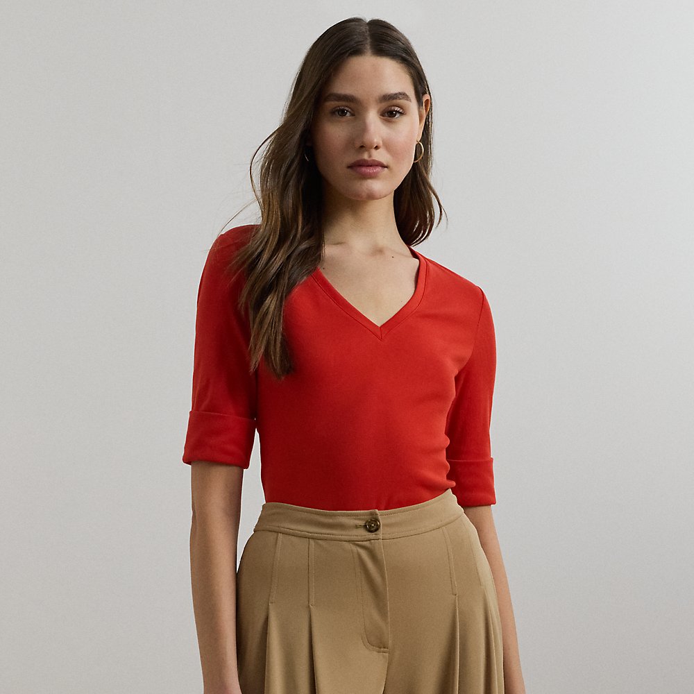 Baumwollstretch-T-Shirt mit V-Ausschnitt von Lauren