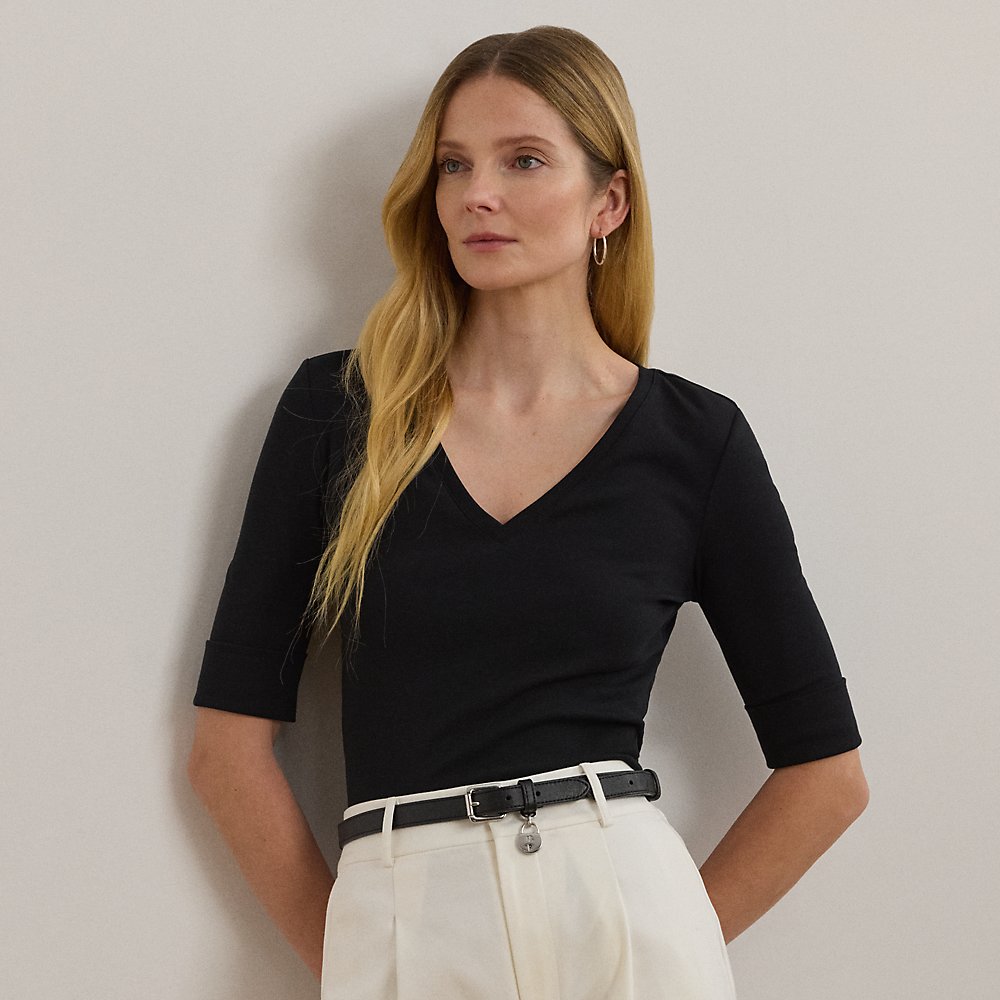Baumwollstretch-T-Shirt mit V-Ausschnitt von Lauren