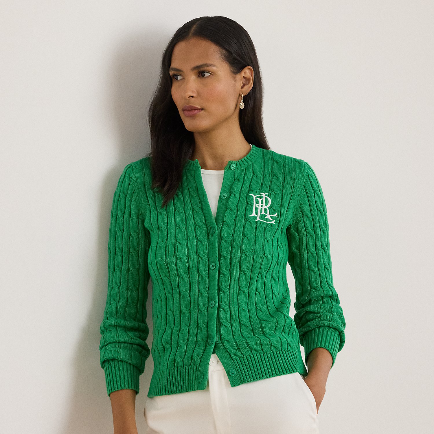 Baumwollstrickjacke mit Zopfmuster von Lauren