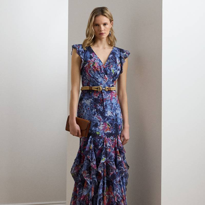 Bedrucktes Abendkleid mit Rüschenbesatz von Lauren