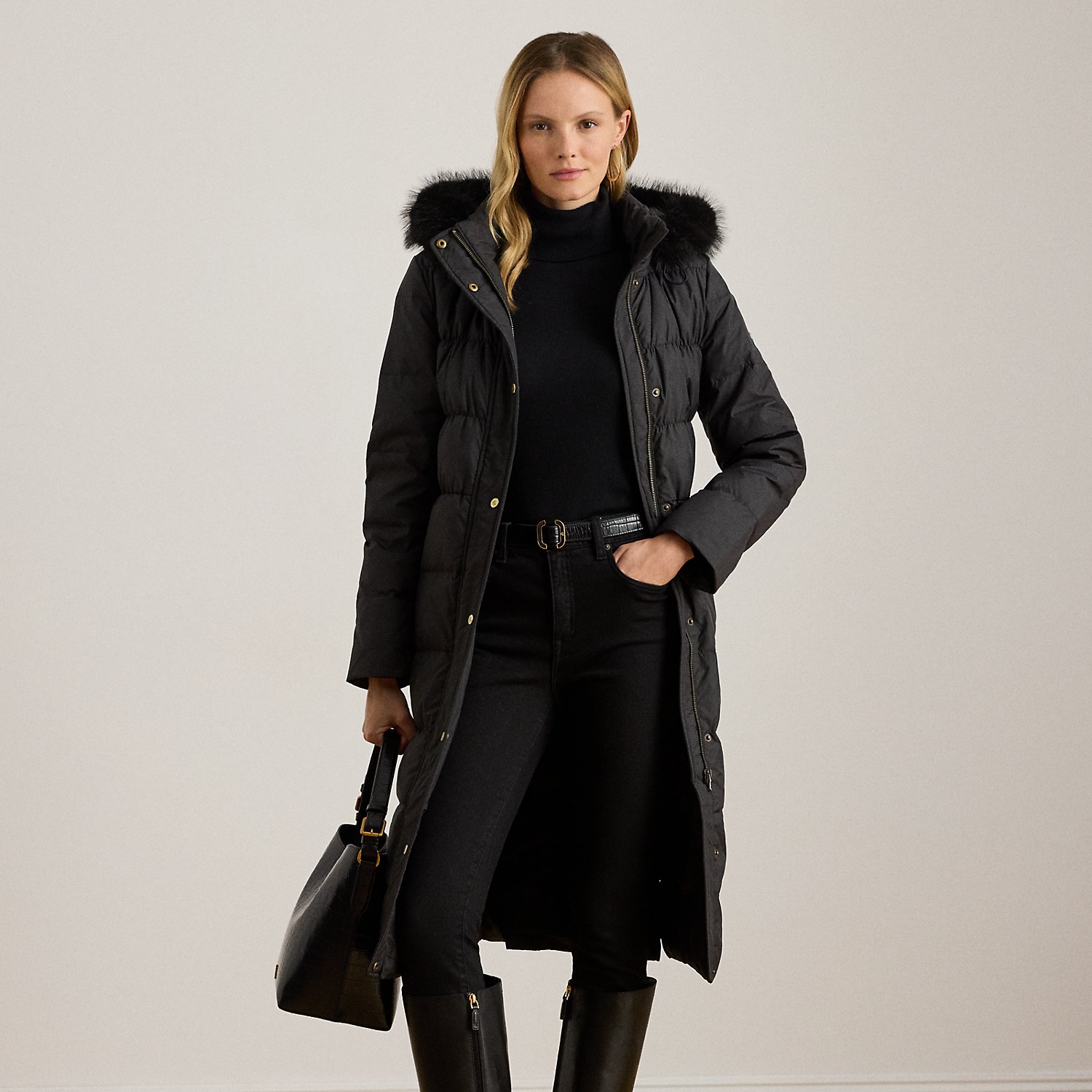 Daunenmantel mit Kapuze und Kunstpelz von Lauren