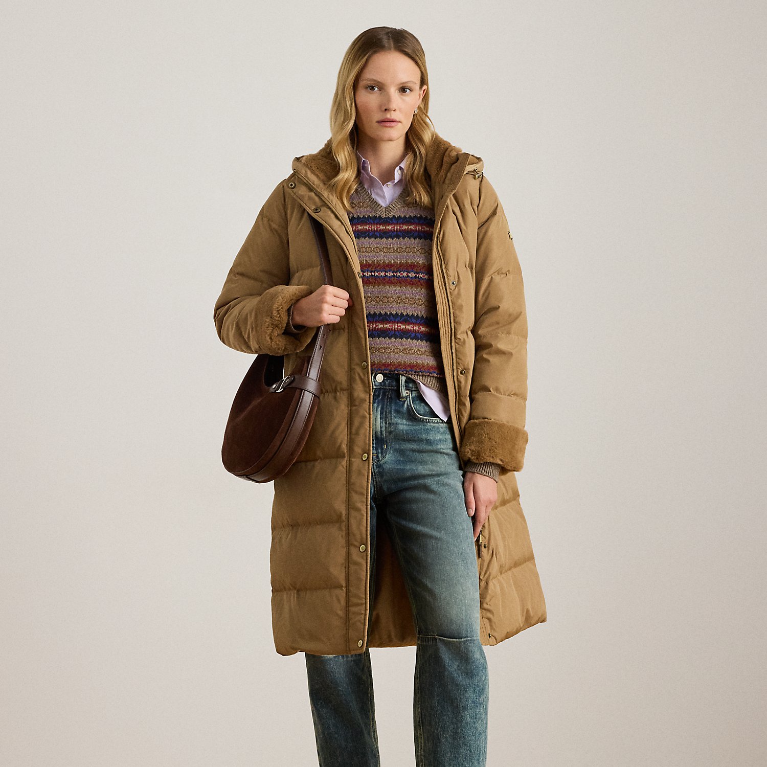 Daunenmantel mit Kapuze und Kunstpelz von Lauren