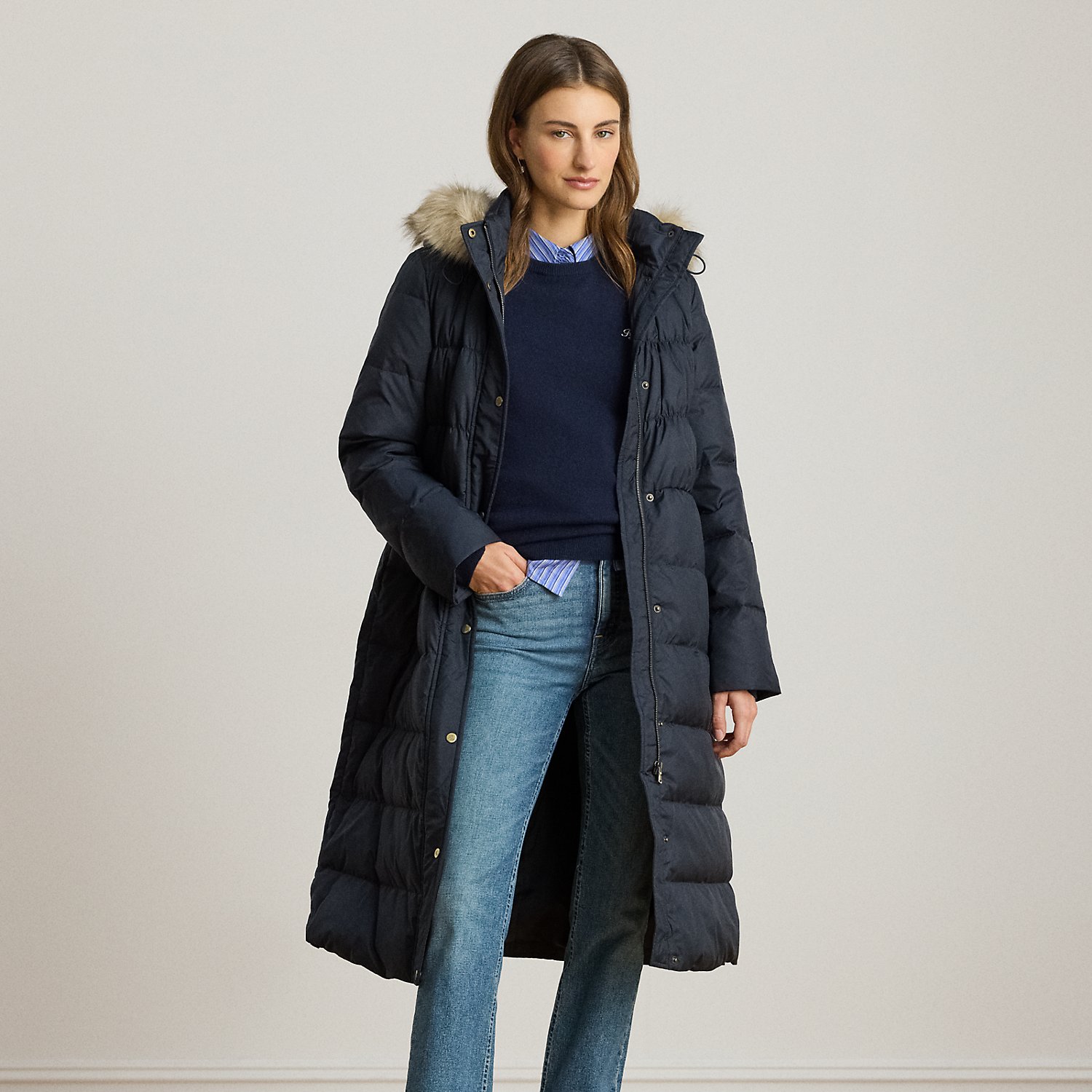 Daunenmantel mit Kapuze und Kunstpelz von Lauren