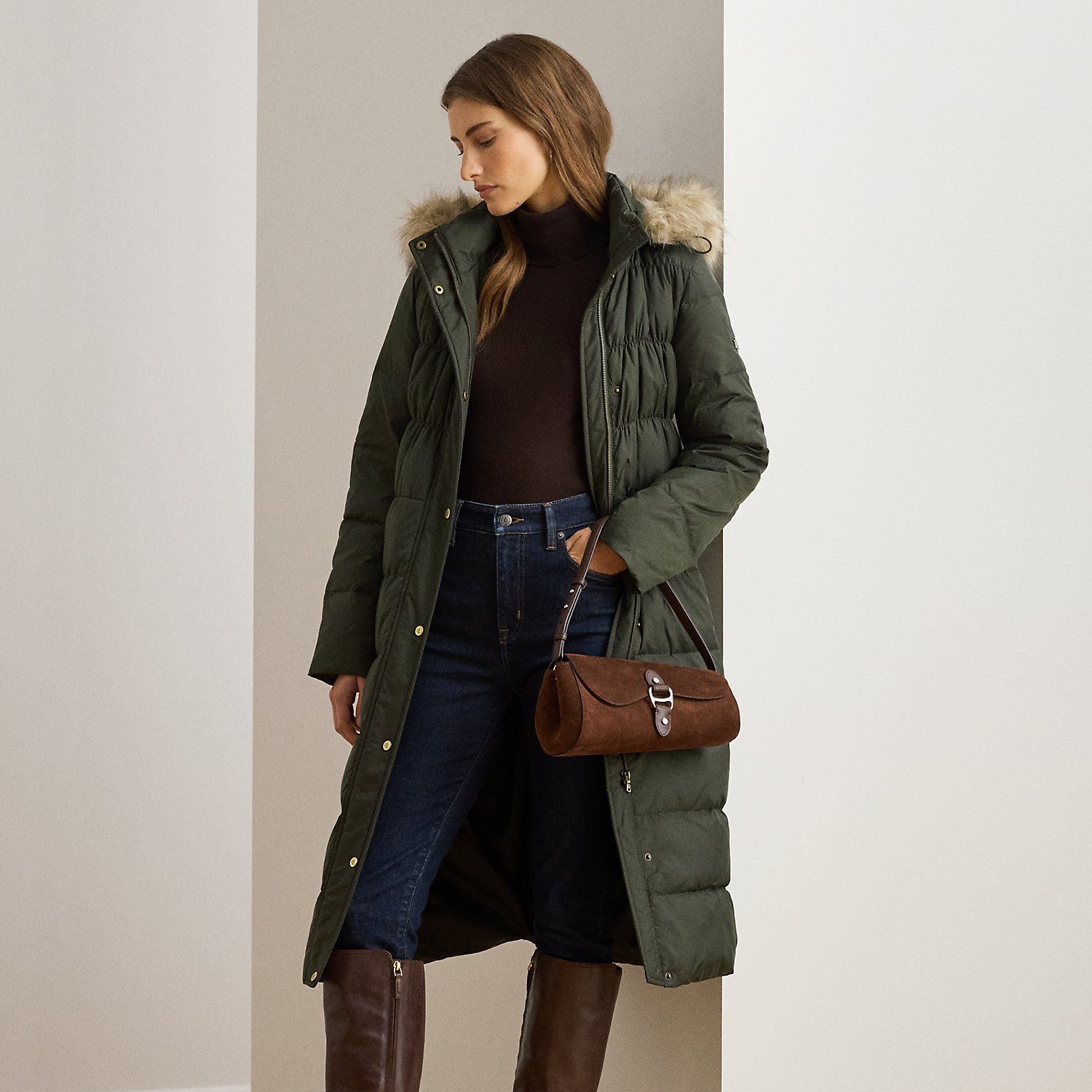 Daunenmantel mit Kapuze und Kunstpelz von Lauren