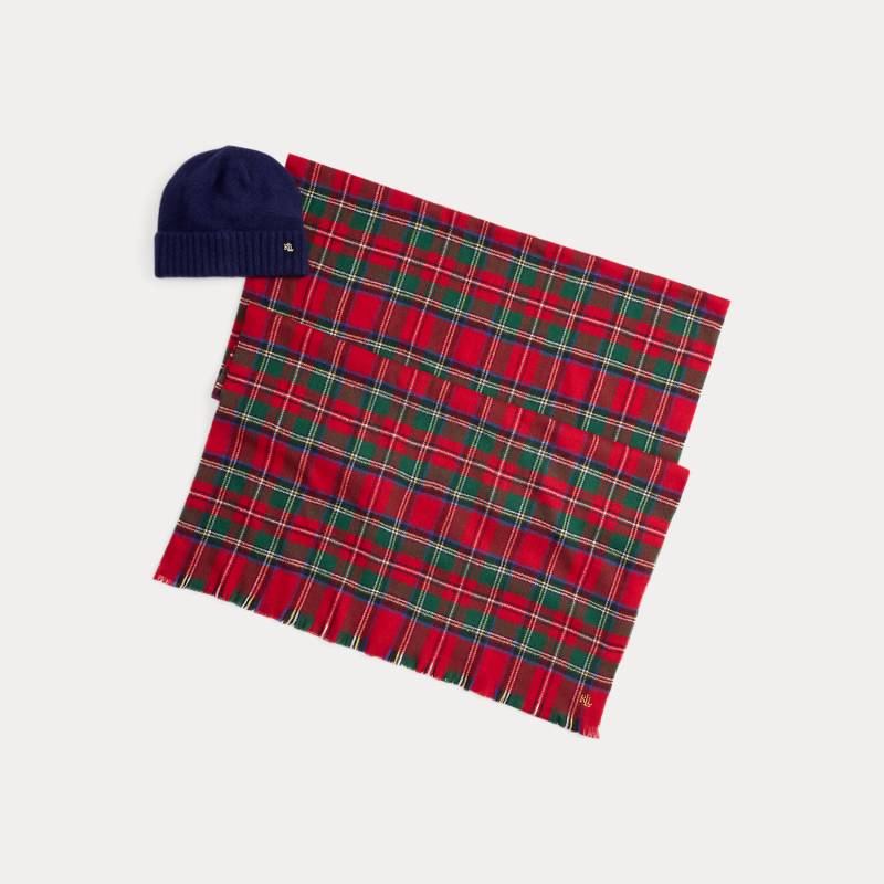 Karierter Wickelschal und Strickmütze von Lauren