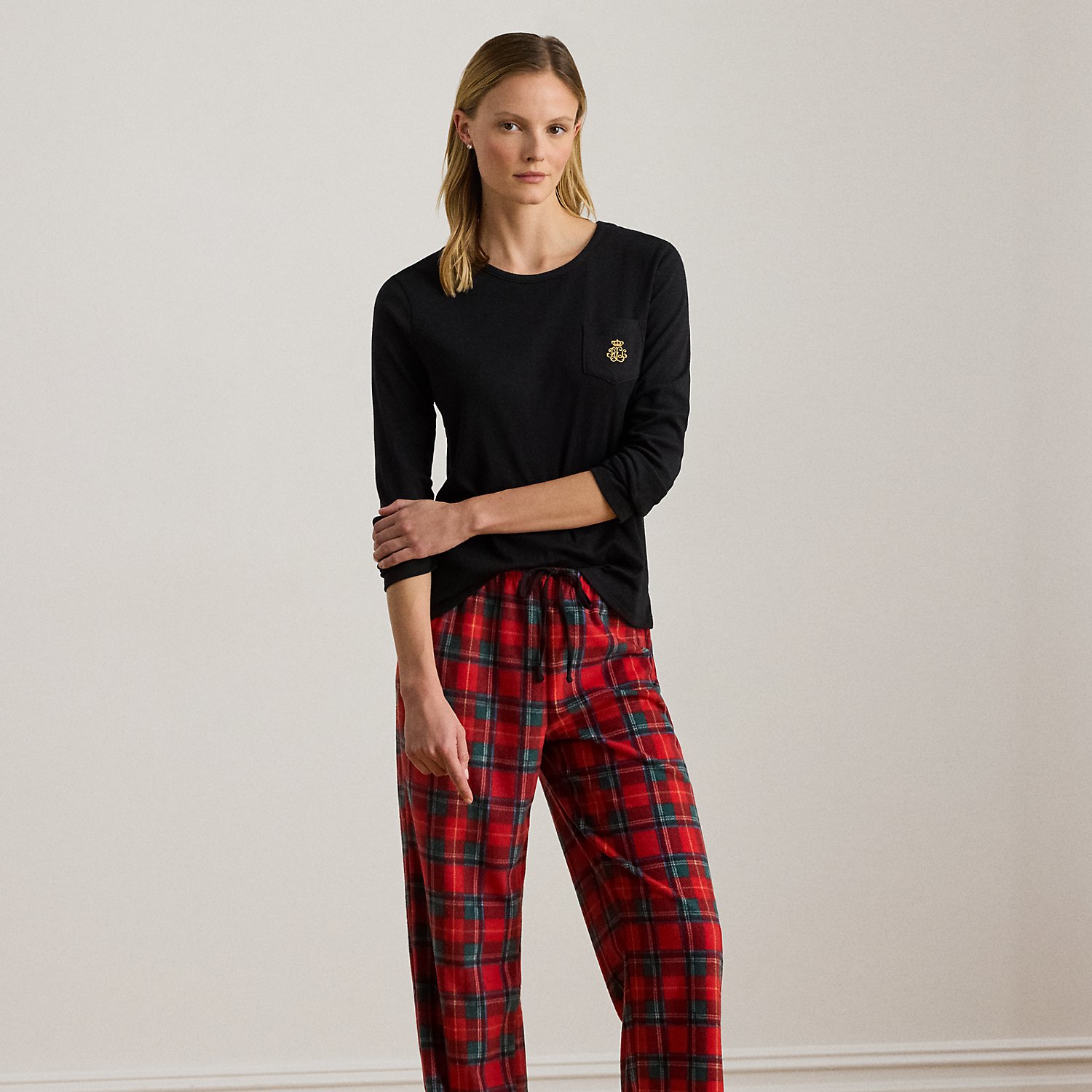 Kariertes Fleece-Rippenstrick-Pyjamaset von Lauren