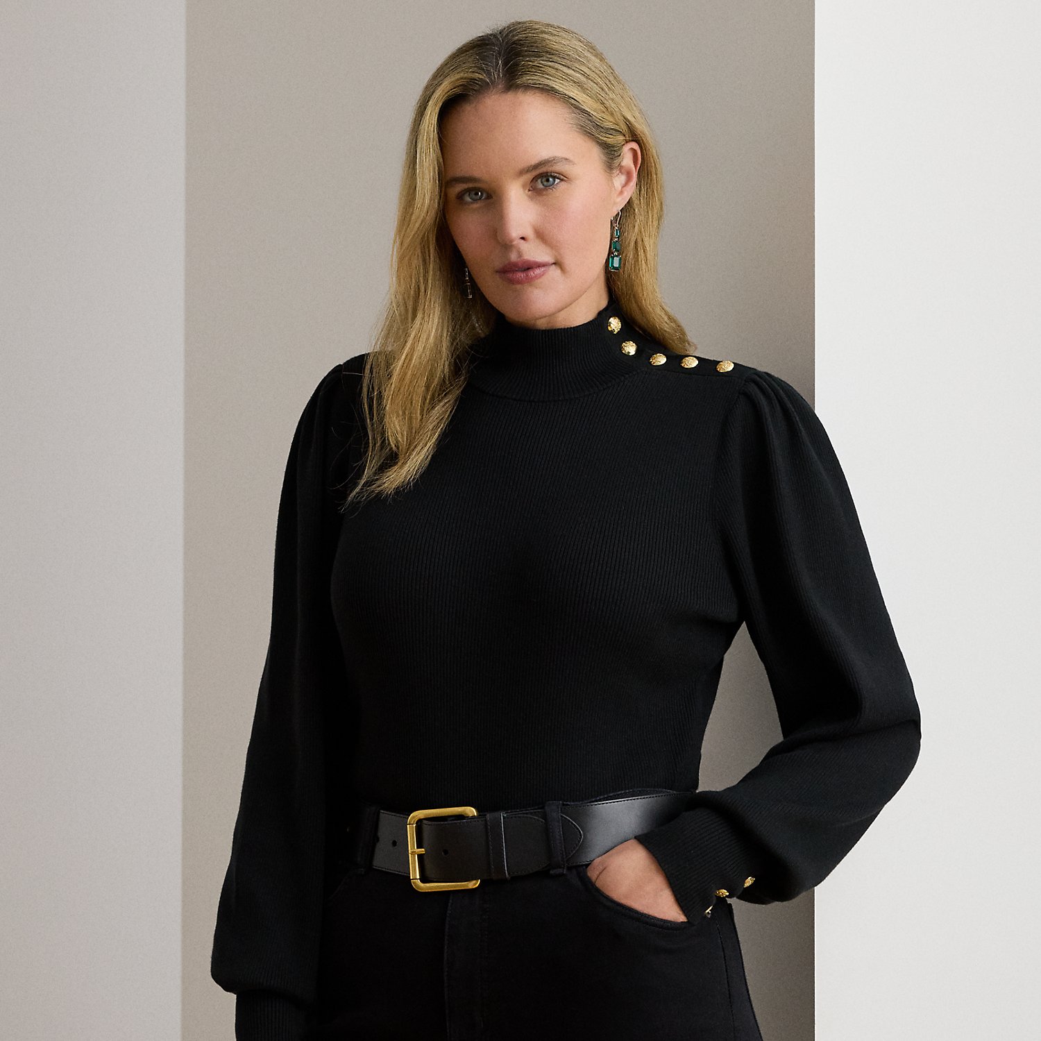 Plus Größen - Pullover mit Halbrollkragen und Knöpfen von Lauren