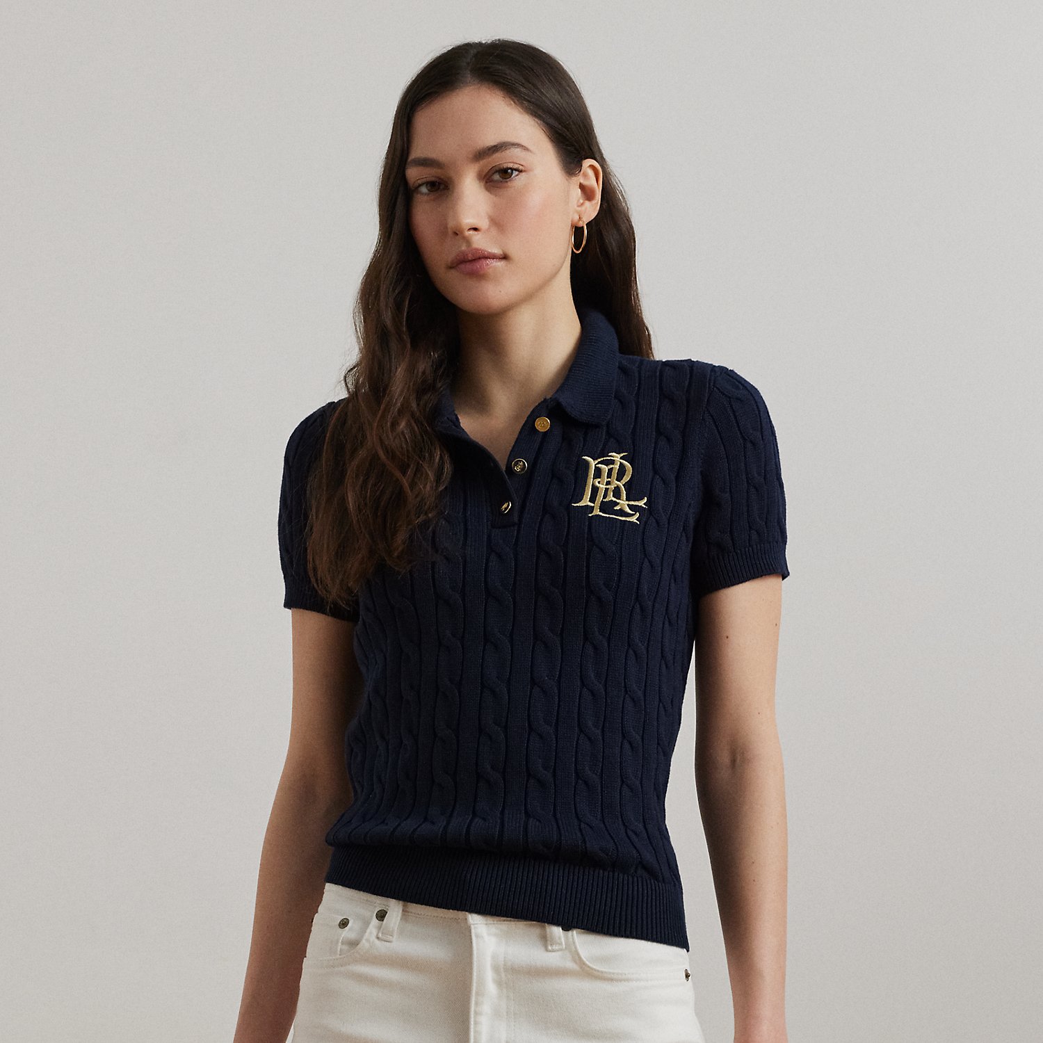 Polo-Pullover mit Zopfmuster von Lauren