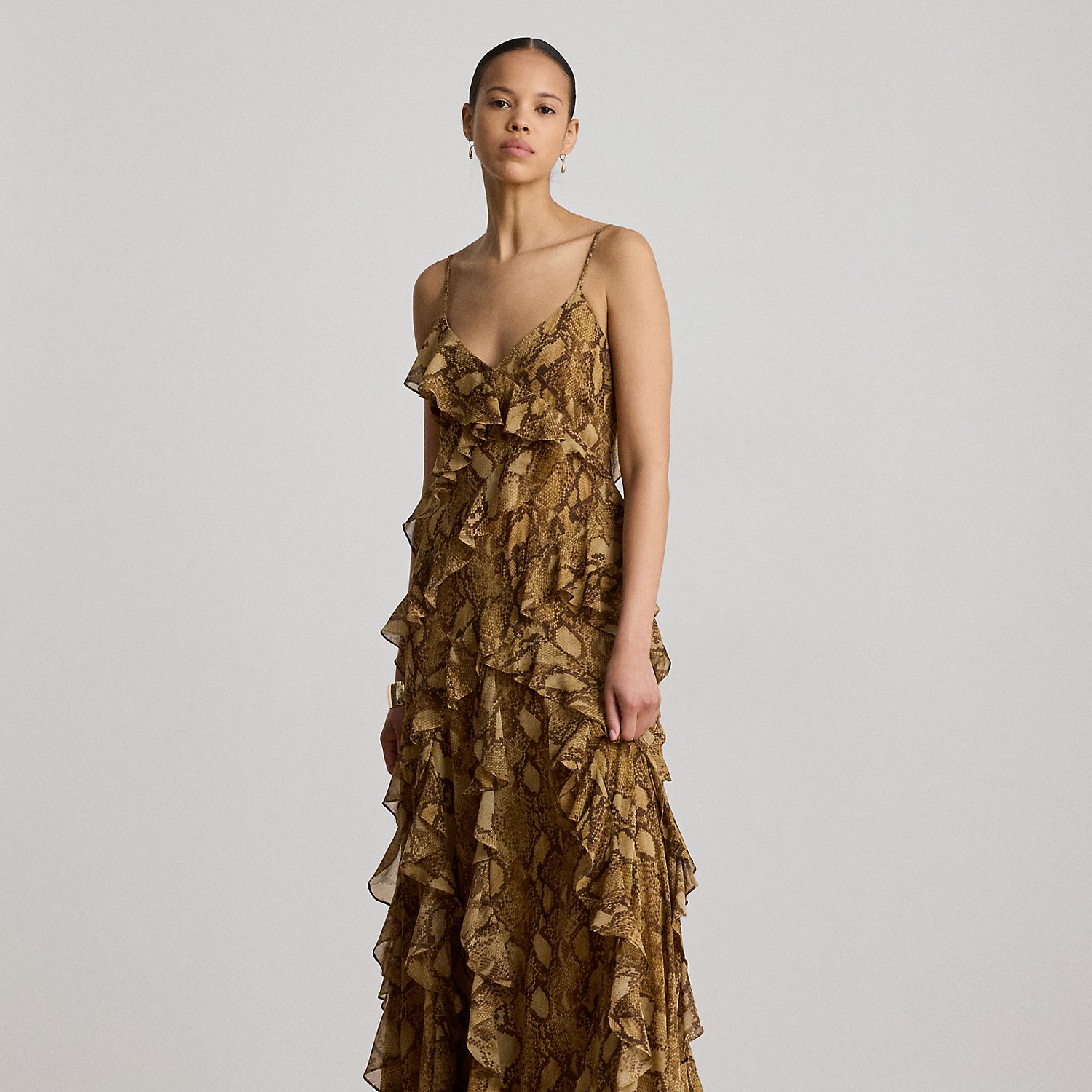 Python-Georgette-Kleid mit Rüschenbesatz von Lauren