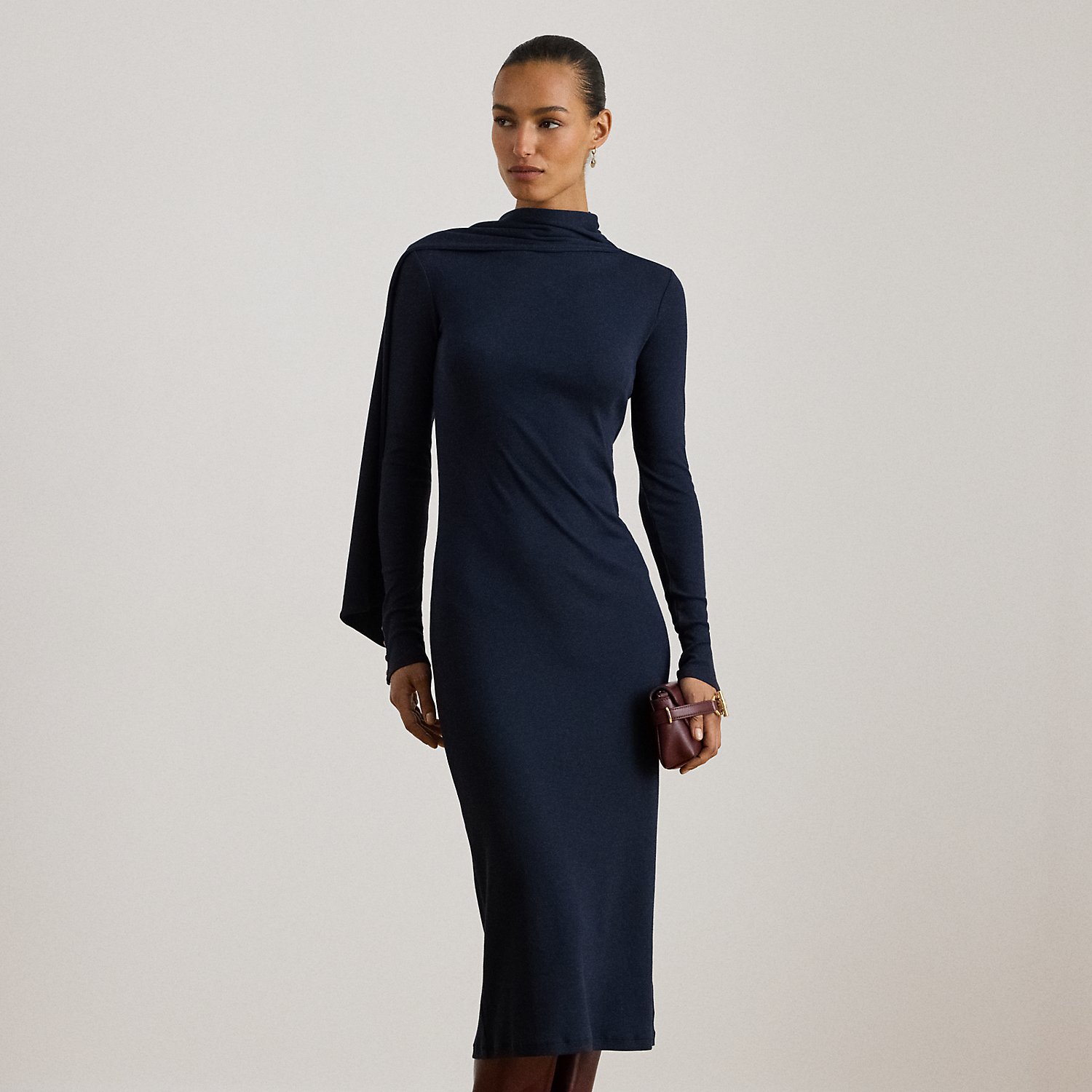 Rippenstrickkleid mit Schalbesatz von Lauren