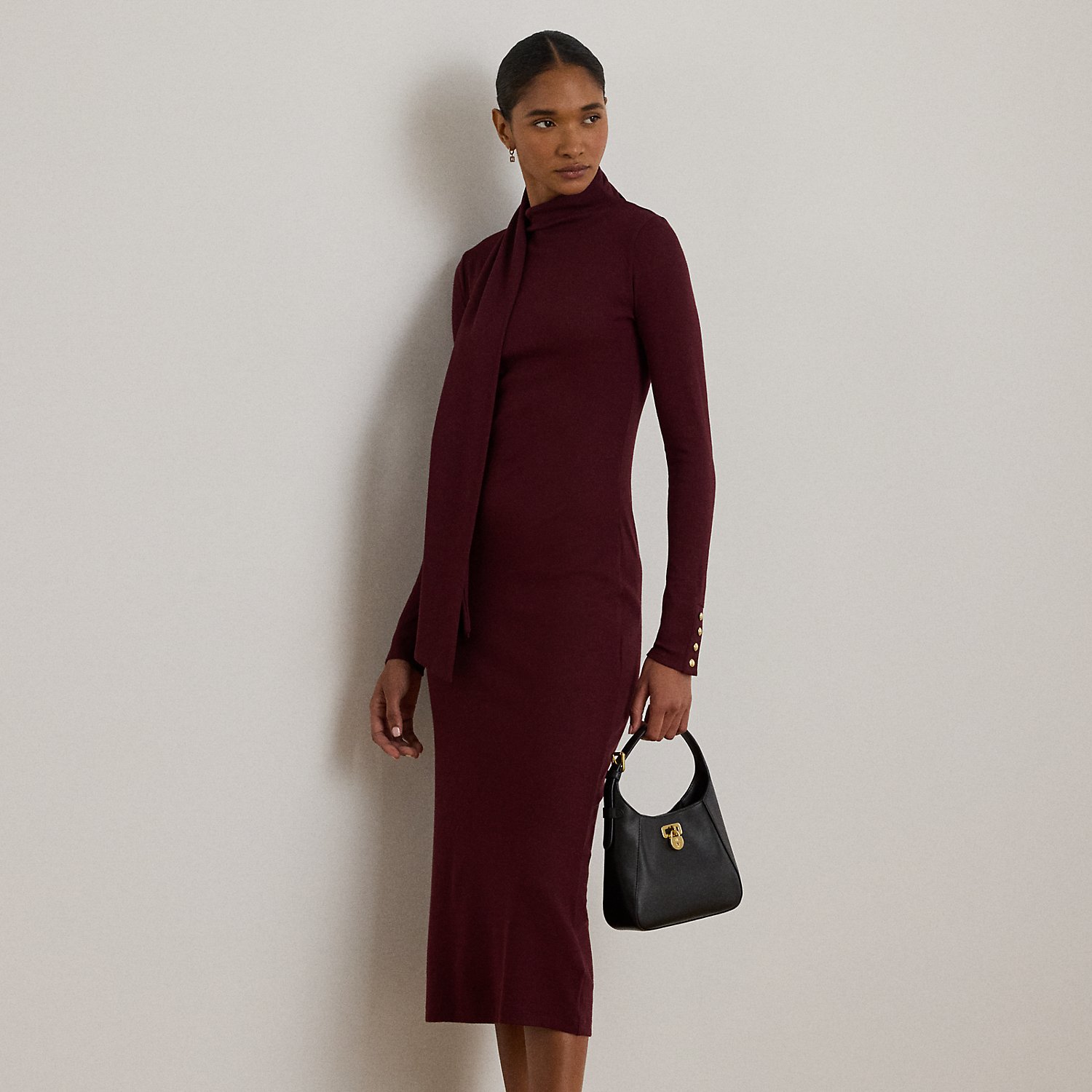 Rippenstrickkleid mit Schalbesatz von Lauren