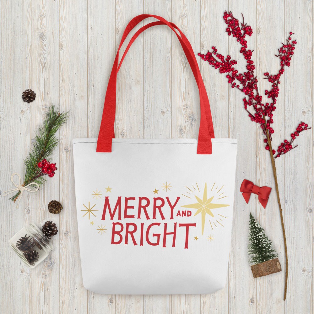 Merry & Bright Christmas Tote Bag, Umweltfreundliche Weihnachtstasche, Weihnachtsstern Geschenktasche, Wiederverwendbare Weihnachtsgeschenkverpackung von LaurentCollective