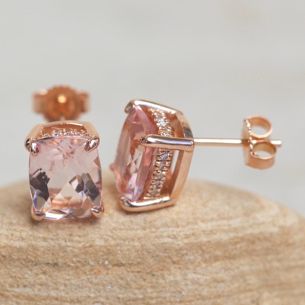 Kissen Solitär Morganit Ohrringe Mit Diamant Halo Und Klauen Zacken, Lifetime Care Plan Inklusive, Echte Edelsteine Diamanten Ls5749 von LaurieSarahDesigns