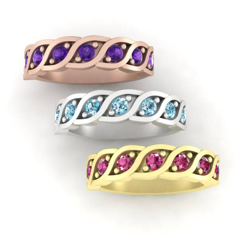 Twisted Scalloped Birthstone Band, 7 Echte Runde Edelsteine, Alle 12 Monate, Lifetime Care Plan Inklusive, Edelsteine - Ls5329 von LaurieSarahDesigns