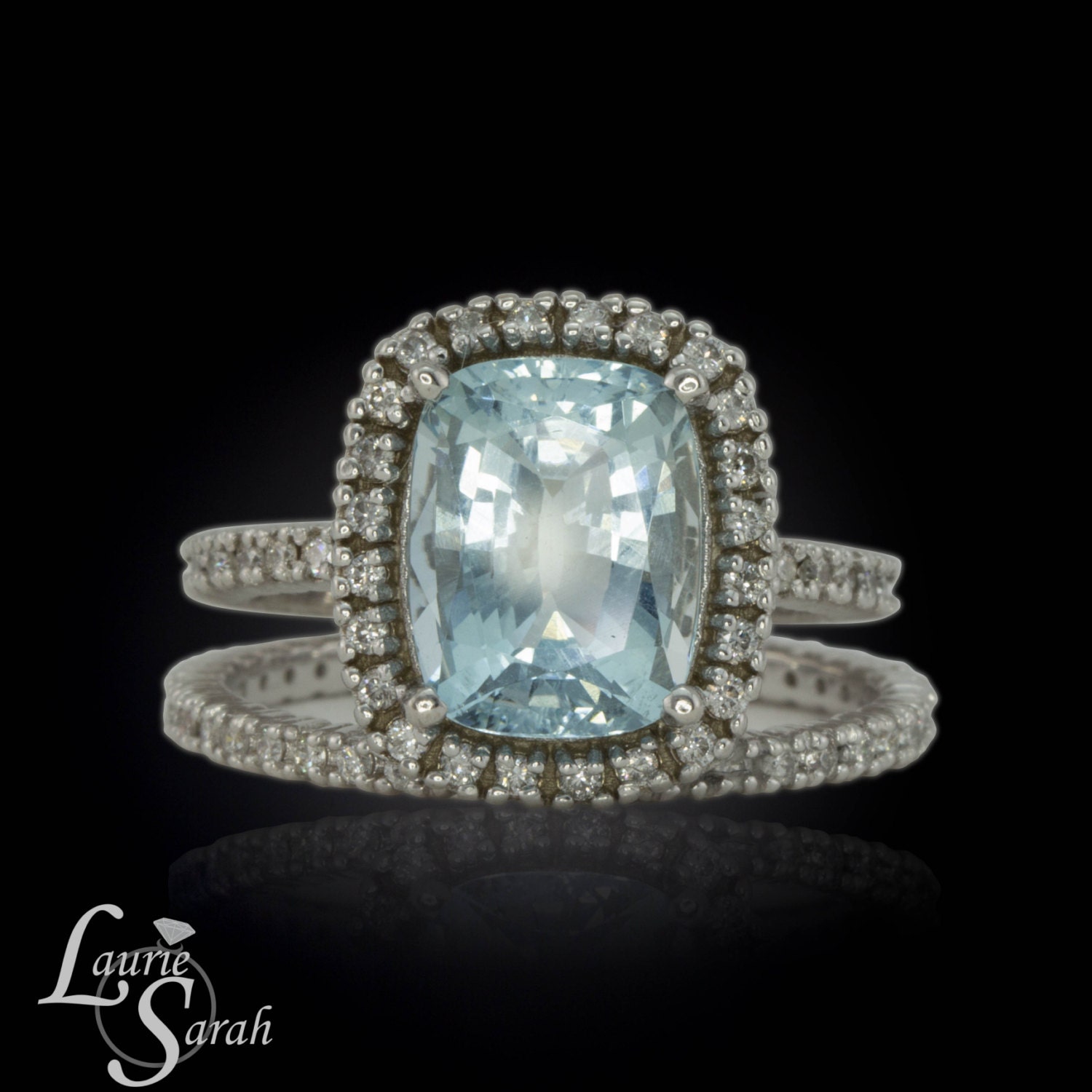 Verlobungsring, Rechteck Kissenschliff Aquamarin Verlobungsring Set Mit Diamant Ehering - Ls2847 von LaurieSarahDesigns