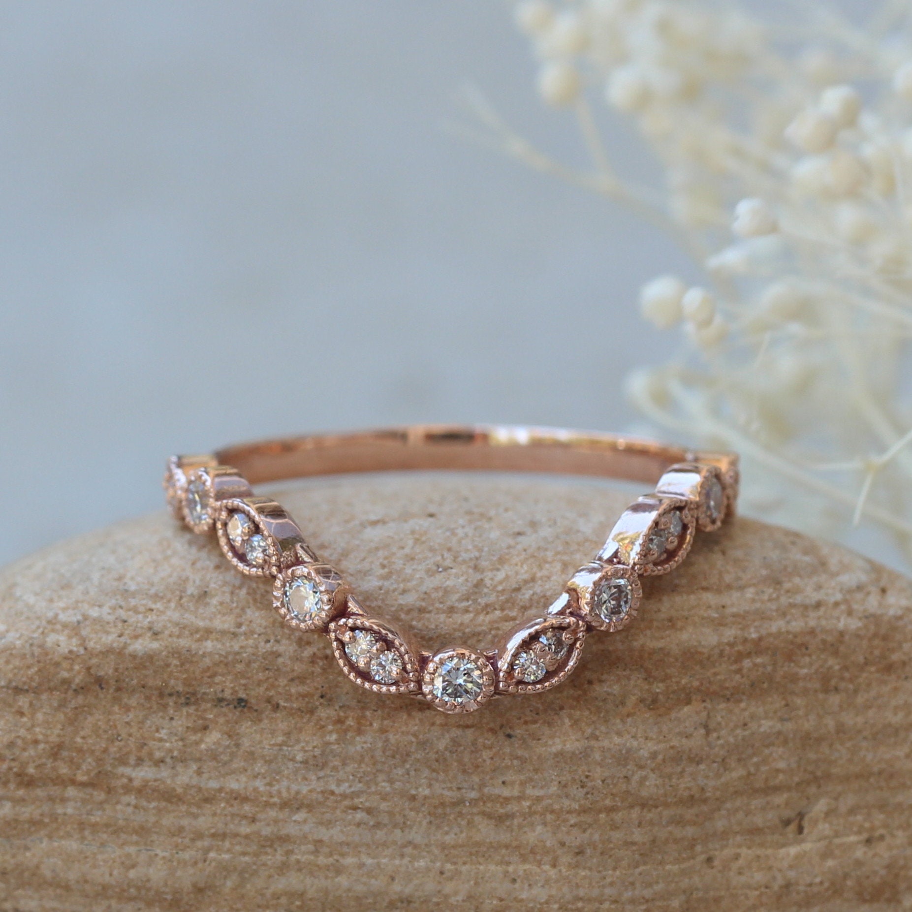 Vintage Auge Und Punkt Ehering, Konturierte Ring Mit Milgrain Perlen, Lifetime Care Plan Inklusive, Echte Diamanten Ls6083 von LaurieSarahDesigns