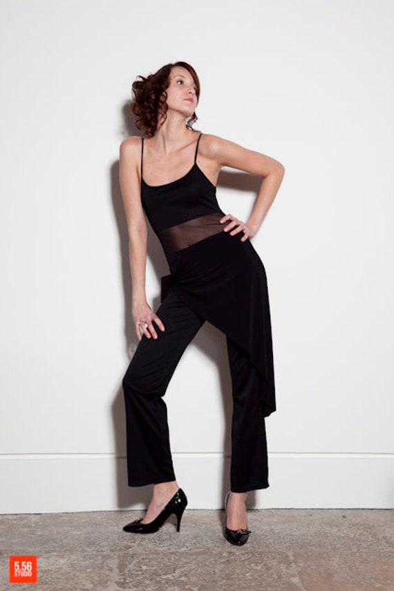 Schwarzer Overall Aus Stretch-Jersey Und Mesh, Transparente Passe Unter Der Brust, Fließender Lendenschurz in Taille Gebunden, Fr 36, S, Oliver von LaurineMasset