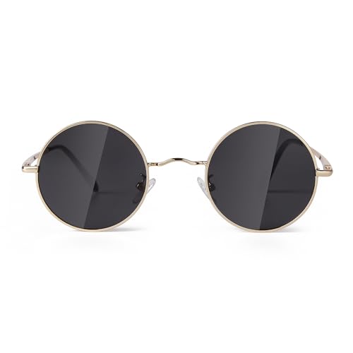 Laurinny 90er Retro Runde Sonnenbrille Damen Herren Klassische Polarisierte Sonnenbrillen Metallrahmen Rund Hippie Brille(Gold Rahmen Grau Linse) von Laurinny
