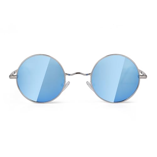 Laurinny 90er Retro Runde Sonnenbrille Damen Herren Klassische Polarisierte Sonnenbrillen Metallrahmen Rund Hippie Brille(Silber Rahmen Blaue Linse) von Laurinny