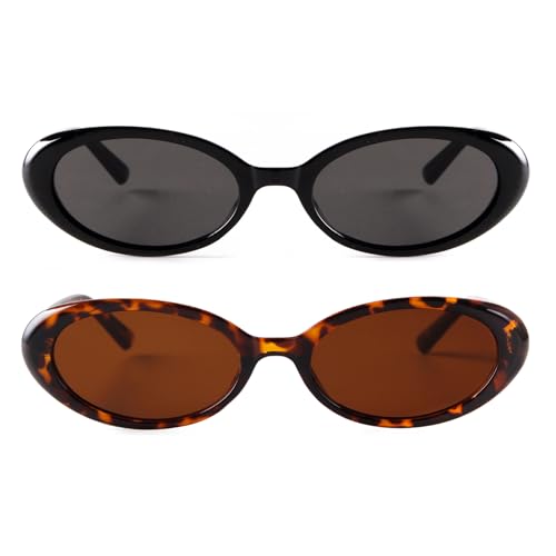 Laurinny 90er Retro Sonnenbrille für Damen Herren Kleine Schmal Retro Oval Sonnenbrille Gläser(Schwarz/Grau+Leopard/Braun) von Laurinny