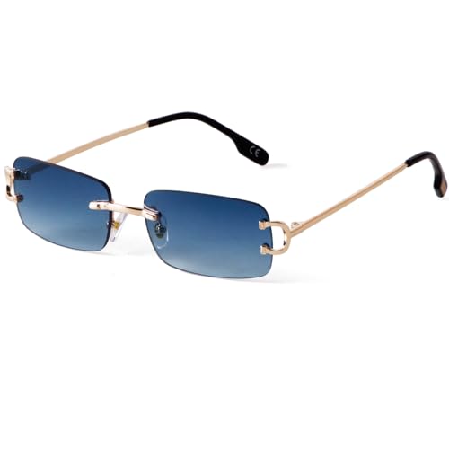 Laurinny Männer Rahmenlose Sonnenbrille Herren Rechteckig Randlos Sonnenbrille Retro Brillen Frauen Metall Gold Blau Braun(Gold/Gradient Blau) von Laurinny