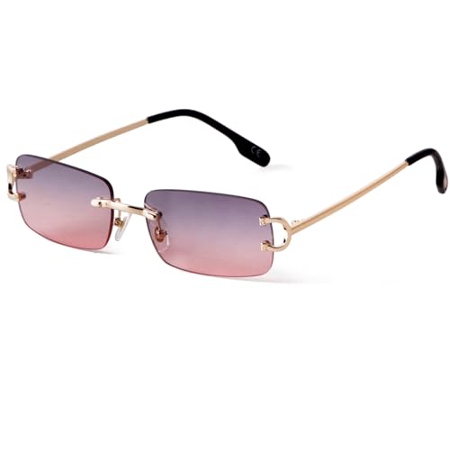 Laurinny Männer Rahmenlose Sonnenbrille Herren Rechteckig Randlos Sonnenbrille Retro Brillen Frauen Metall Gold Blau Braun(Gold/Gradient Grau Rosa) von Laurinny