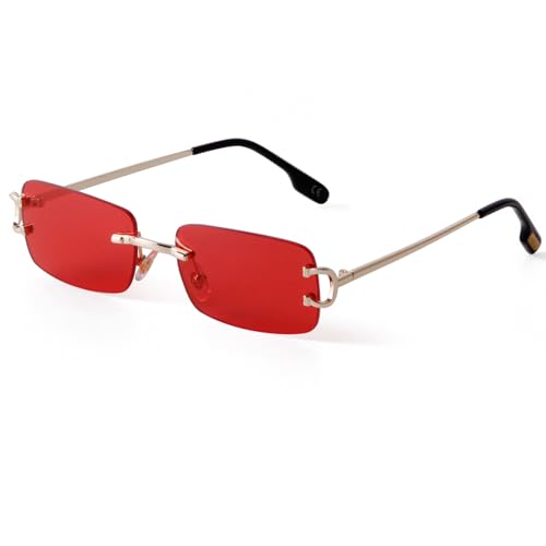 Laurinny Männer Rahmenlose Sonnenbrille Herren Rechteckig Randlos Sonnenbrille Retro Brillen Frauen Metall Gold Blau Braun(Gold/Rot) von Laurinny