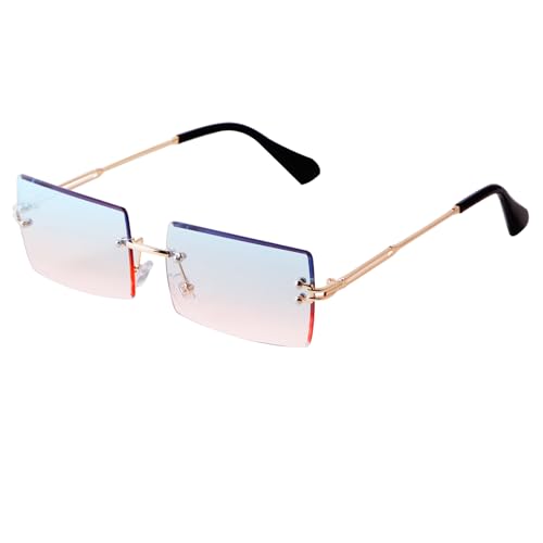 Laurinny Rechteck Randlose Sonnenbrille Herren Rechteckig Brille Viereckig Rahmenlose Sonnenbrille für Frauen Männer(Gold/Blau Rosa) von Laurinny