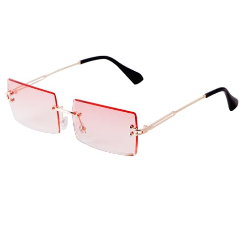 Laurinny Rechteck Randlose Sonnenbrille Damen Herren Retro Rechteckig Brille Gold Viereckig Rahmenlose Sonnenbrille Schmal(Gold/Gradient Pink) von Laurinny
