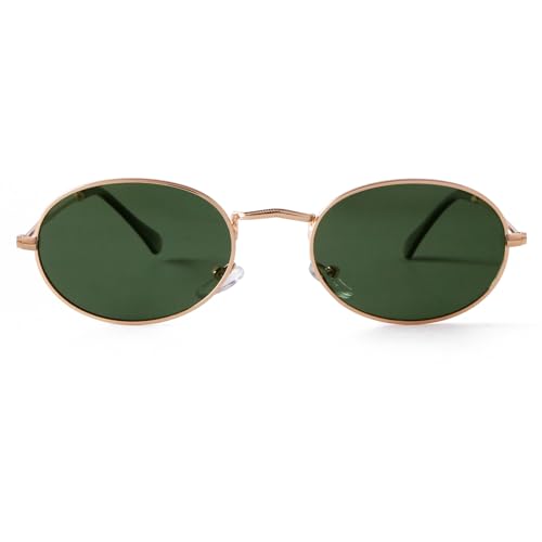 Laurinny Retro Oval Sonnenbrille für Damen Herren 90er Vintage Ovale Hippie Brille für Männer Frauen Metallrahmen Runde Sonnenbrillen(Gold/Grün) von Laurinny