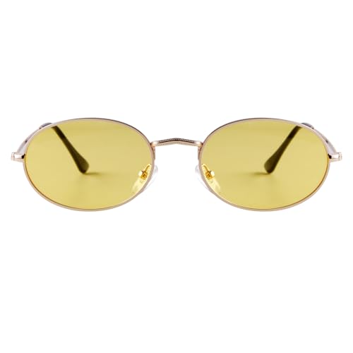 Laurinny Retro Oval Sonnenbrille für Damen Herren 90er Vintage Ovale Hippie Brille für Männer Frauen Metallrahmen Runde Sonnenbrillen(Gold/Hellgelb) von Laurinny