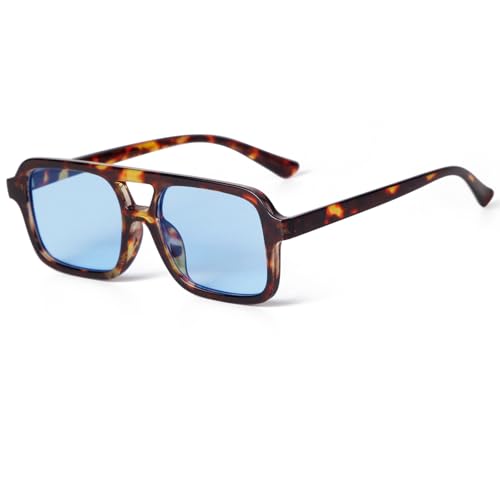 Laurinny Retro Quadratische Sonnenbrille Damen Herren 70er Jahre Vintage Trendy Brille Klassisch mit Double Brücke Sonnenbrille(Tortoise/Blue) von Laurinny