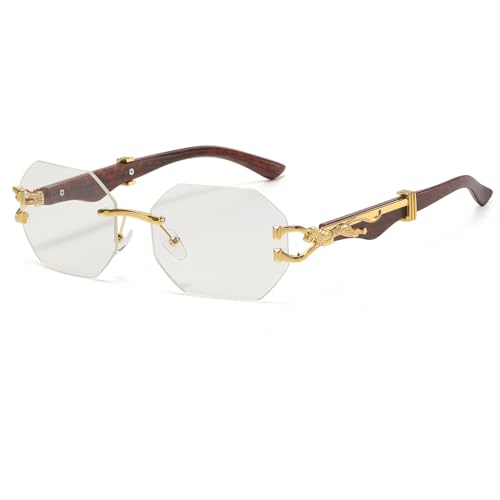 Laurinny Retro Randlose Sonnenbrille Damen Herren Durchsichtige Linse Rechteckig Rahmenlose Sonnenbrille Polygon Square Rimless Sunglasses(Gold/Transparentes) von Laurinny