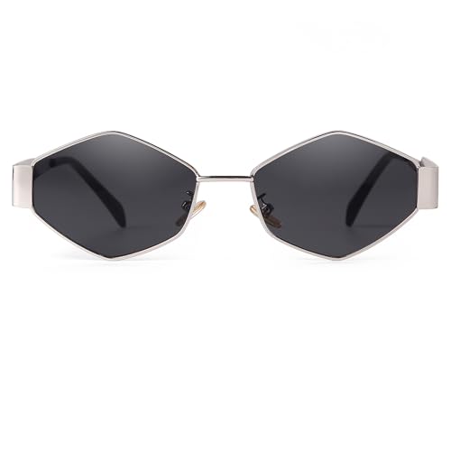 Laurinny Trendy Retro Sonnenbrille für Damen Herren Vintage Hexagonal Metallrahmen Polygon Sonnenbrillen Metall Brille(Silber/Grau) von Laurinny