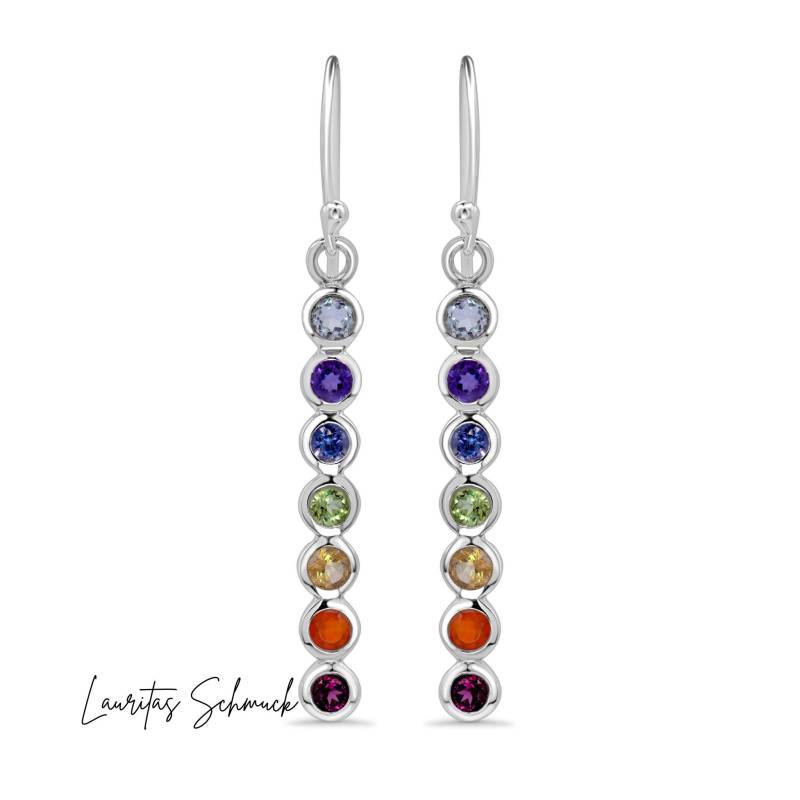 Hängeohrringe 925 Silber Ohrringe Ohrstecker Bunt Edelsteine Handgemacht Regenbogen Kristall Citrin Granat Peridot Amethyst Iolith Karneol von Lauritasschmuck