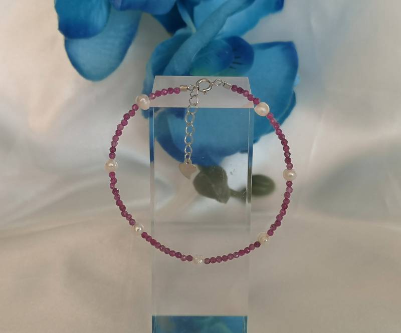Rubin Süßwasser Perlen Armband 925 Silber Schmuck Silberschmuck Pink Weiß Edelstein Natürlich Handgemacht Fein Filigran Zart Juli von Lauritasschmuck