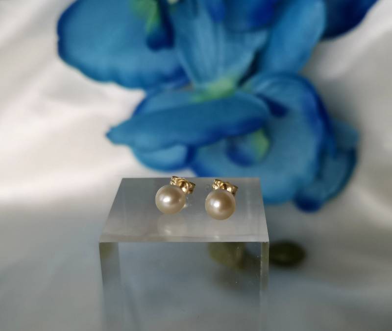 Süßwasser Perlen Ohrstecker 585 Gold 14K Goldschmuck Schmuck Natürlich Perlenschmuck Perfekt Rund Fein Filigran Edel Weiß von Lauritasschmuck