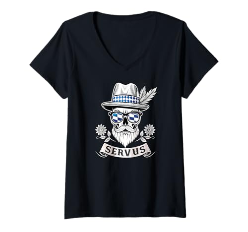 Damen Totenkopf Outfit Ersatz Trachten T-Shirt Servus Bayern Wiesn T-Shirt mit V-Ausschnitt Damen Totenkopf Outfit Ersatz Trachten T-Shirt Servus Bayern Wiesn T-Shirt mit V-Ausschnitt von Lausbua T-Shirts Tracht & Lederhose Bekleidung