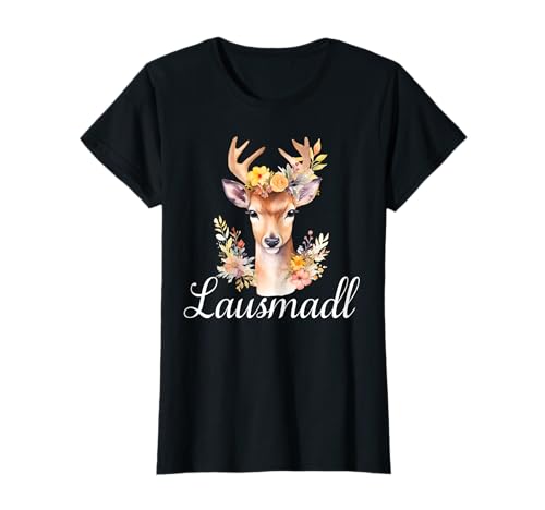 Hirsch Damen Trachten Dirndl Trachten Mädchen T-Shirt von Lausmadl Hirsch mit Blumen Trachtenshirt Damen