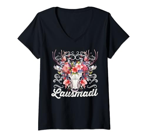Damen Lausmadl Trachtenshirt Lausdirndl Tracht Dirndl Damen T-Shirt mit V-Ausschnitt Damen Lausmadl Trachtenshirt Lausdirndl Tracht Dirndl Damen T-Shirt mit V-Ausschnitt von Lausmadl Madl Hirsch Blumen Kostüm Damen