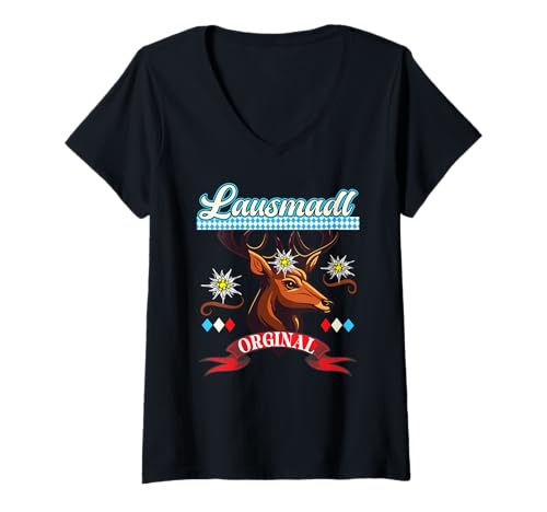 Damen Ersatz Tracht Lausmadl Bayern Hirsch MADL Trachten Damen T-Shirt mit V-Ausschnitt von Lausmadl aus Bayern Frauen Tirol