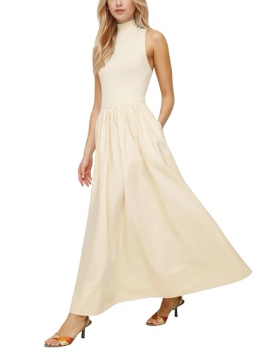 Lauweion Damen Ärmelloses Rollkragen-Maxikleid Patchwork Casual Solid Flowy Mock Neck Langes Kleid mit Taschen, Aprikose, Klein von Lauweion