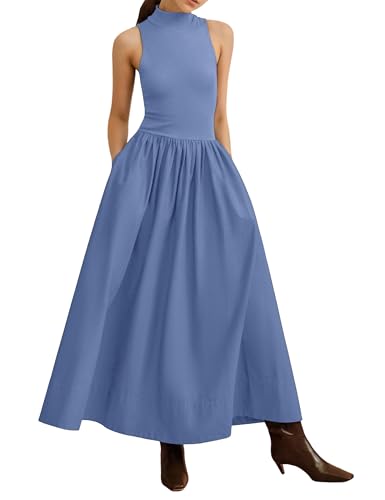 Lauweion Ärmelloses Maxikleid für Damen mit Stehkragen, Sommer, Patchwork, lässig, fließende Taille, mit Taschen, Blau, X-Groß von Lauweion