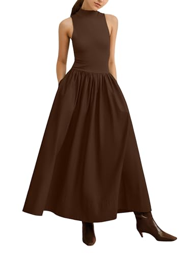 Lauweion Damen Ärmelloses Rollkragen-Maxikleid Patchwork Casual Solid Flowy Mock Neck Langes Kleid mit Taschen, Braun, Klein von Lauweion