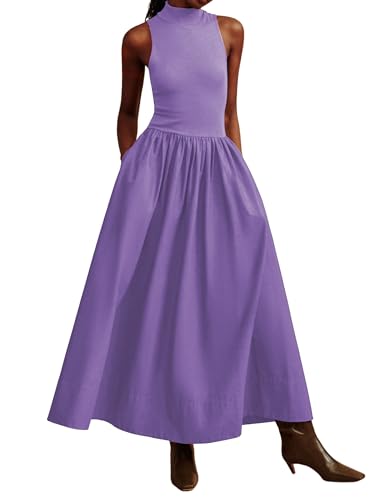 Lauweion Ärmelloses Maxikleid für Damen mit Stehkragen, Sommer, Patchwork, lässig, fließende Taille, mit Taschen, Violett, Klein von Lauweion
