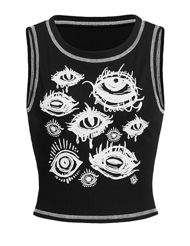 Lauweion Damen Goth Eye Print Tank Top Casual Slim Fit Rundhalsausschnitt Rippstrick Gothic Ärmellos Crop Top, Schwarz, Klein von Lauweion